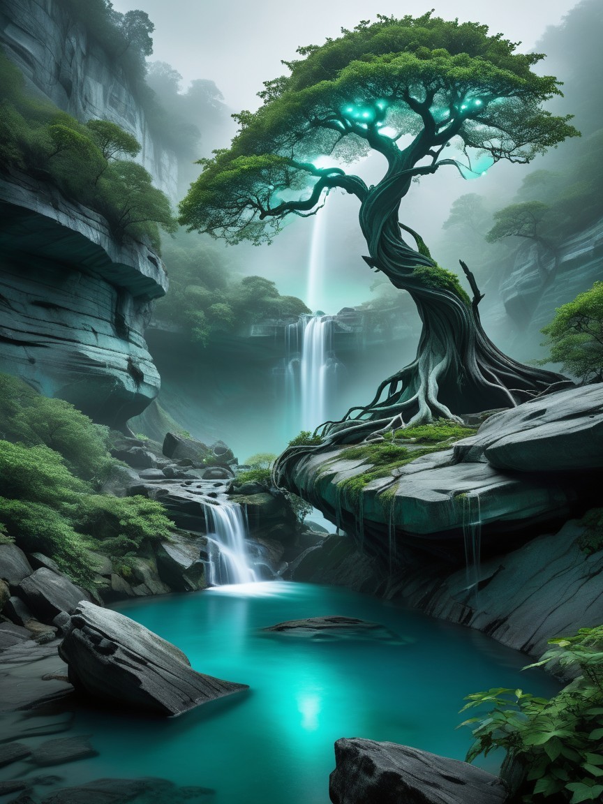 Mystical Landscape with Glowing Tree and Waterfalls
