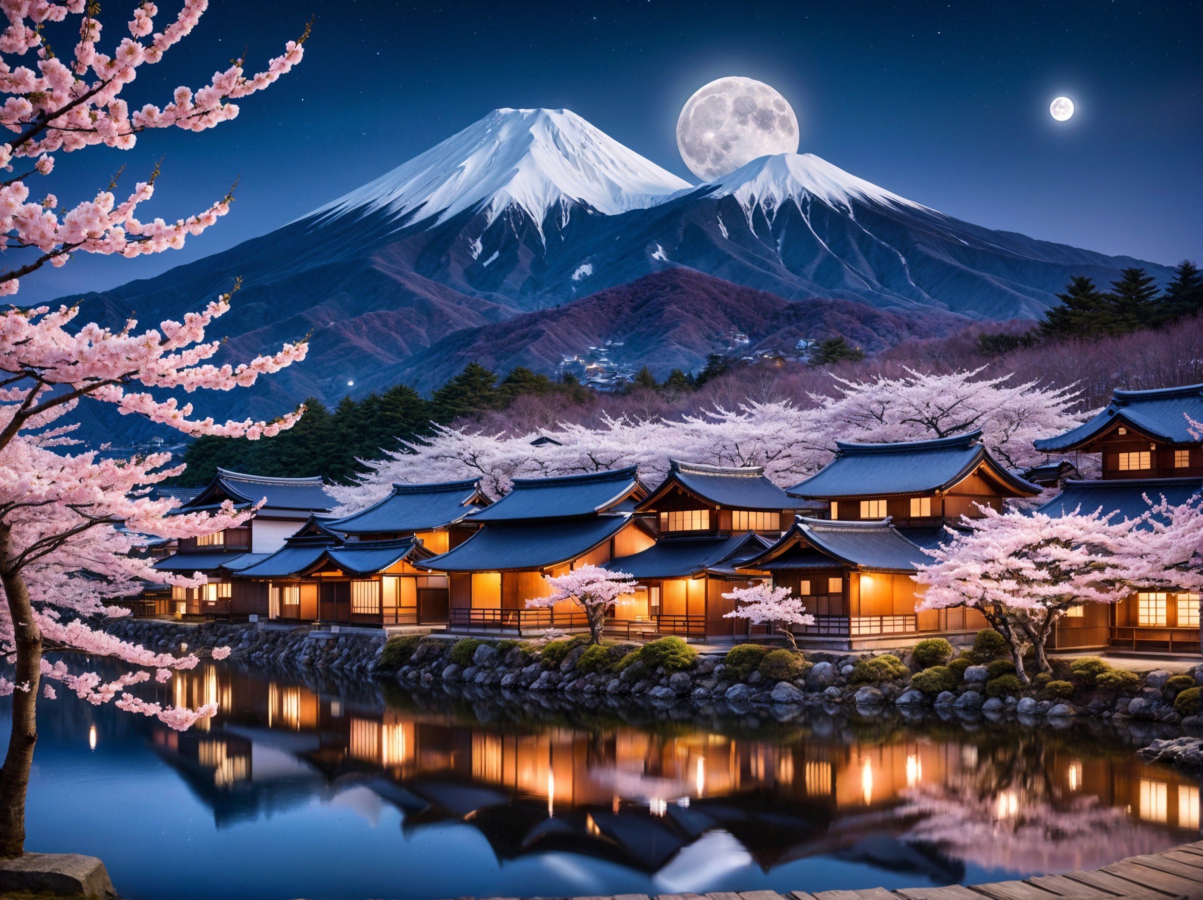 Serene Night Landscape with Mount Fuji and Cherry Blossoms