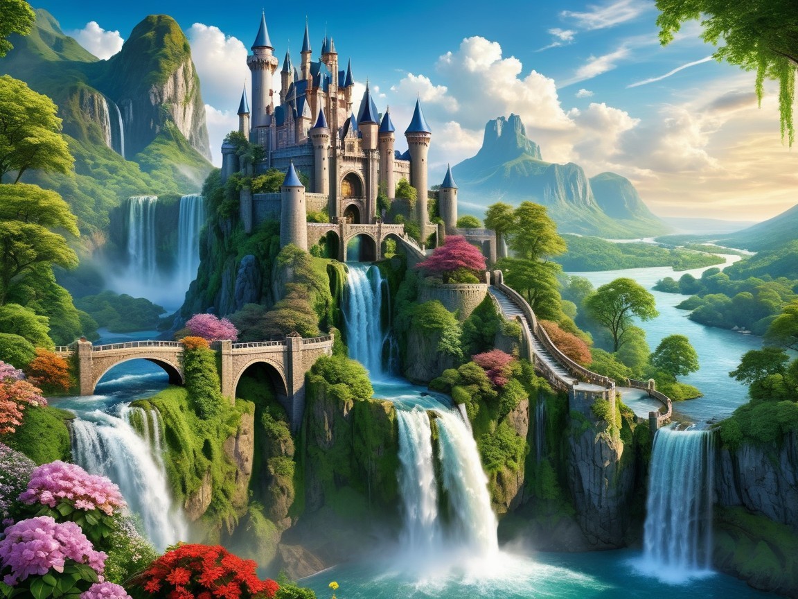 Majestic Castle on Mountain with Waterfalls and Foliage