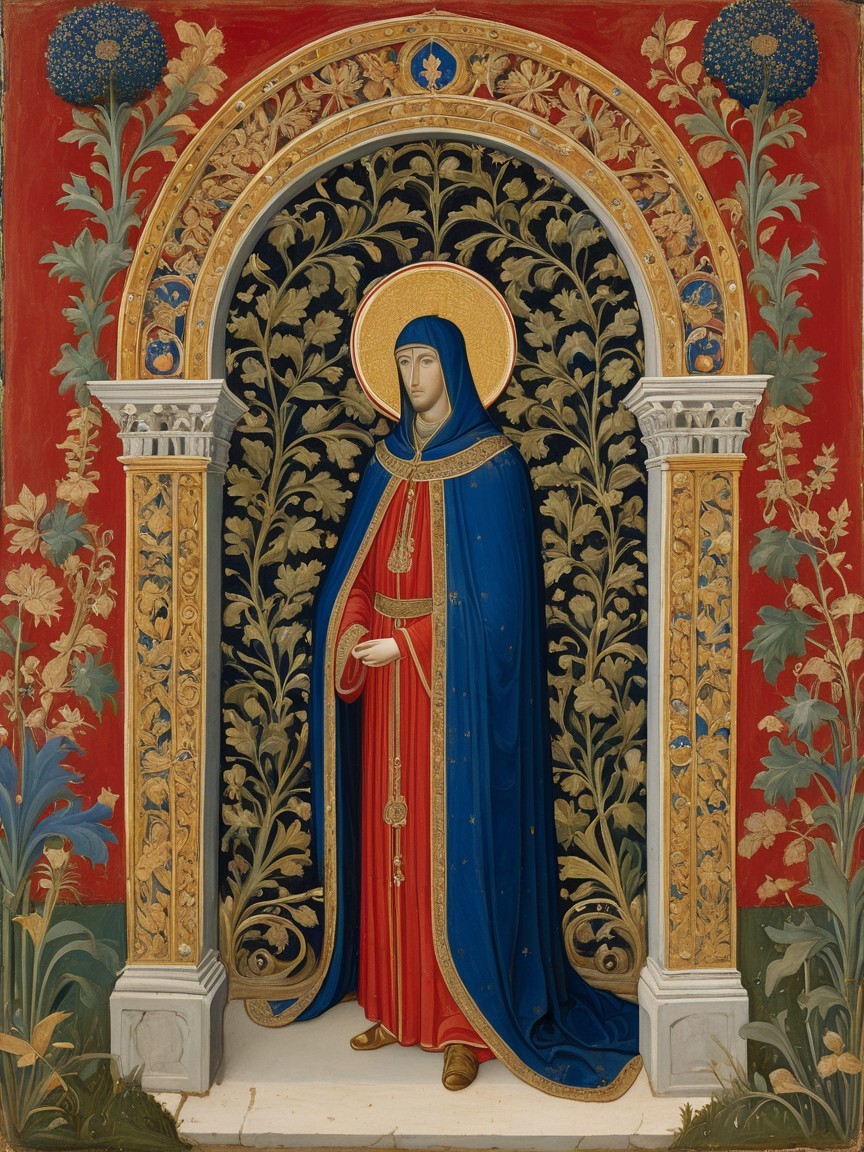 Solitary Figure in Blue Cloak Against Red Background