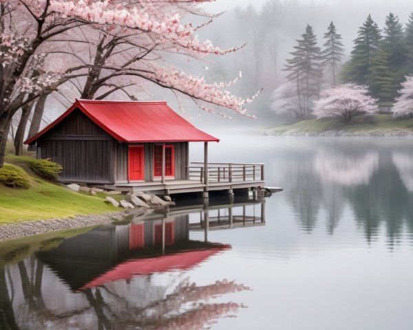 Traditional Wooden House by Tranquil Lake and Blossoms
