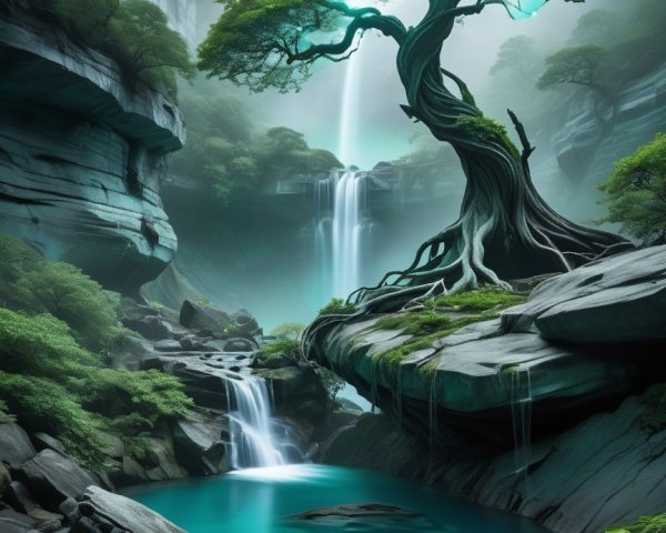 Mystical Landscape with Glowing Tree and Waterfalls