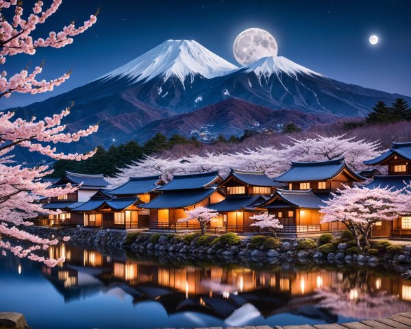 Serene Night Landscape with Mount Fuji and Cherry Blossoms