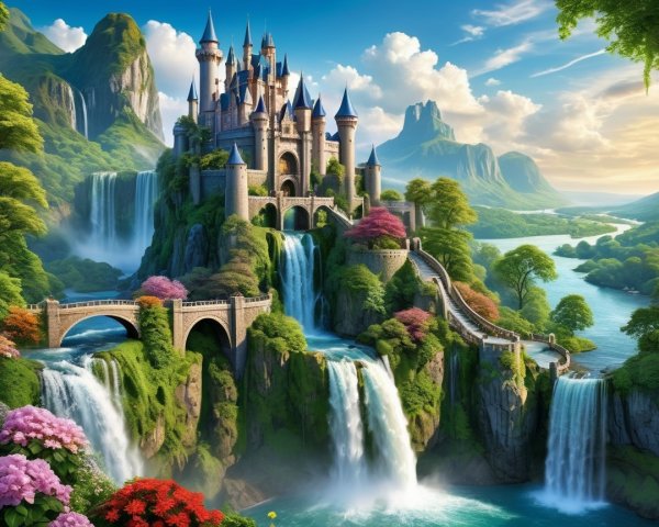 Majestic Castle on Mountain with Waterfalls and Foliage