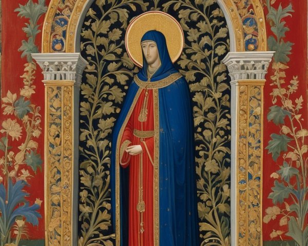 Solitary Figure in Blue Cloak Against Red Background