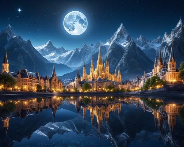 Majestic Castle Surrounded by Mountains and Lake