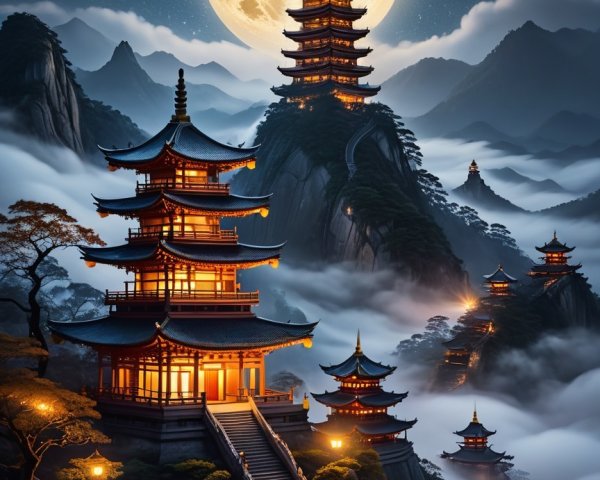 Serene Landscape with Pagodas and Misty Mountains