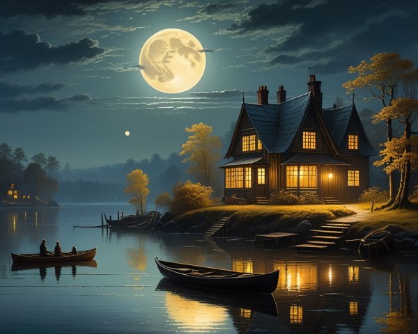 Cozy Cottage by Tranquil Lake Under Moonlight