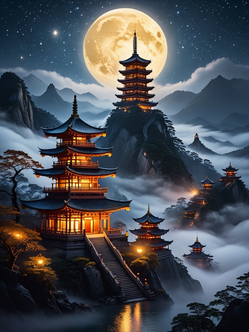 Serene Landscape with Pagodas and Misty Mountains