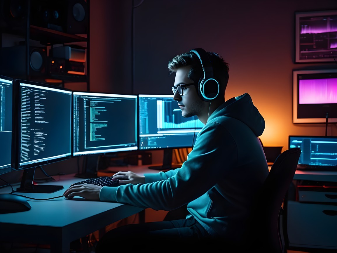 Focused Individual at Desk with Multiple Monitors