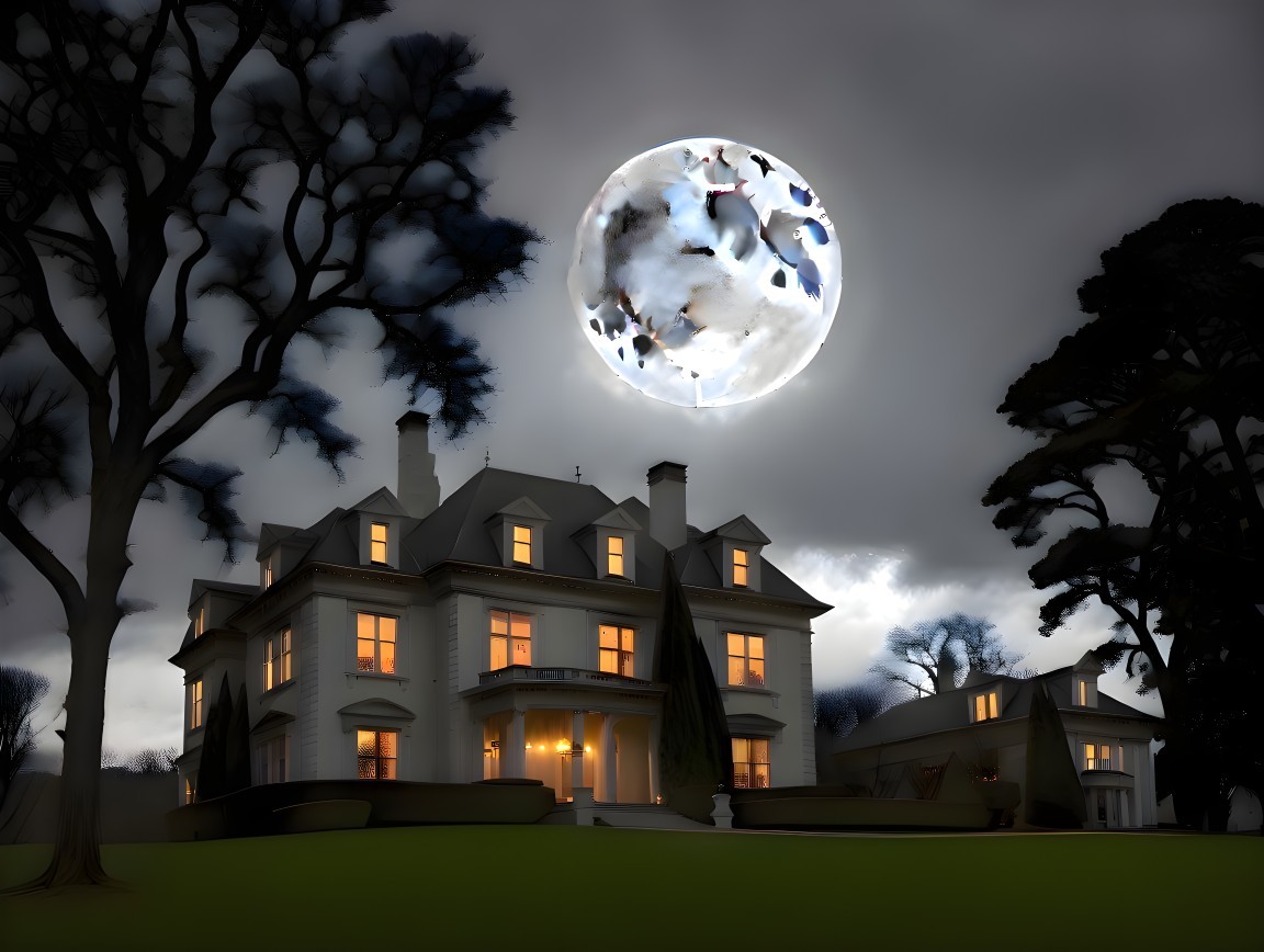 Elegant mansion illuminated by a full moon at night