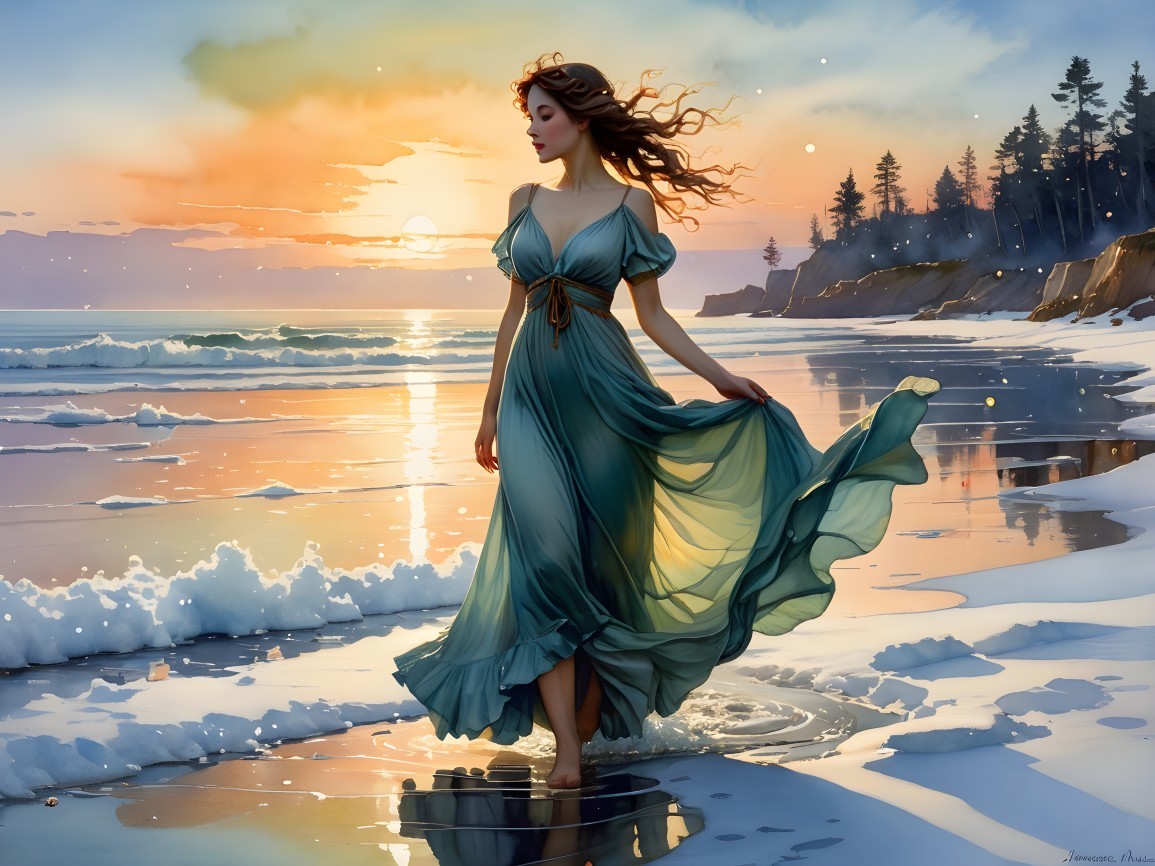 Serene beach sunset with woman in flowing dress