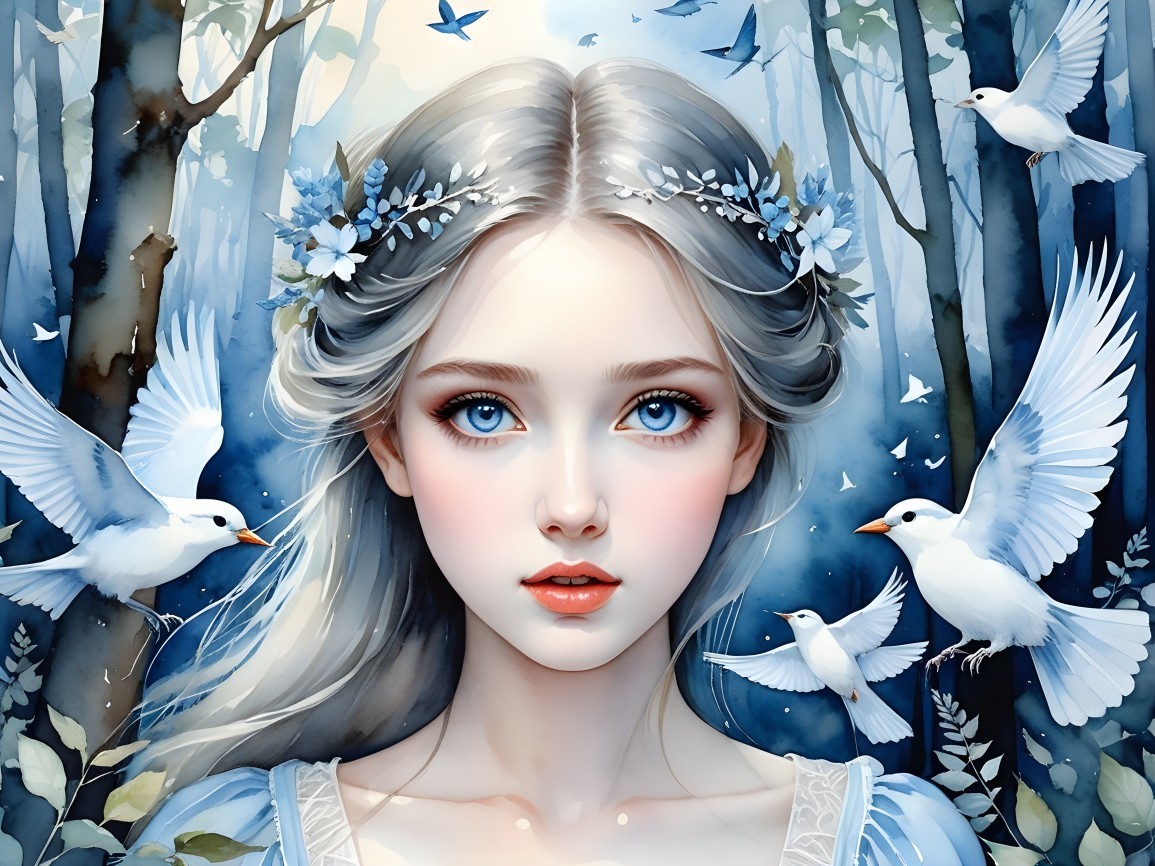 Ethereal Woman in Misty Forest with Floral Crown