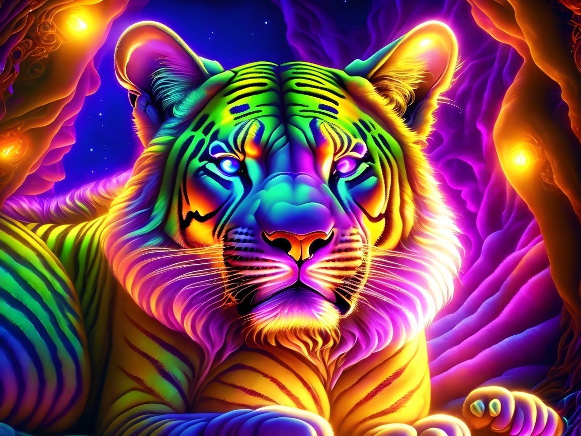 Neon-Colored Tiger in Dreamlike Forest Setting