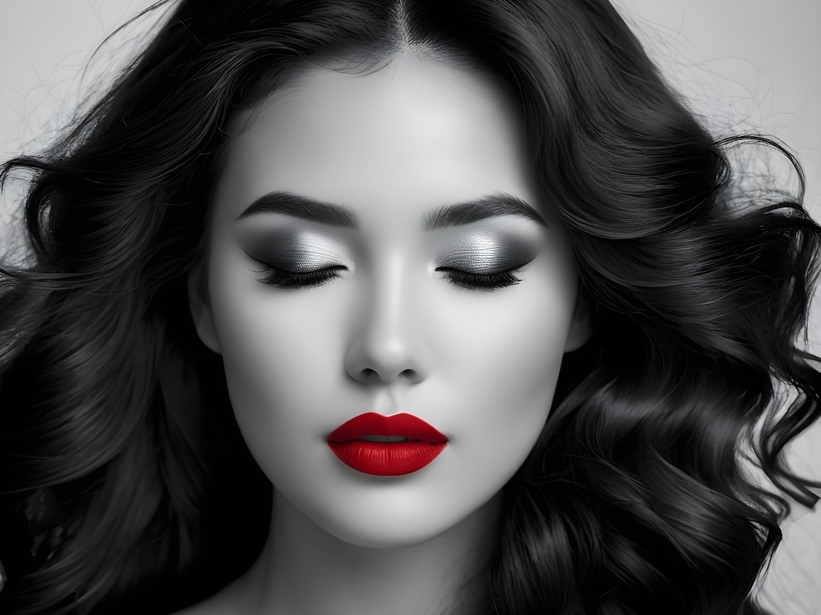 Close-up of a woman with monochrome skin and bold makeup