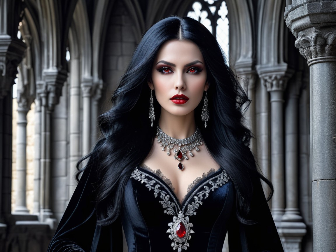 Elegant Woman in Gothic Setting with Black Gown