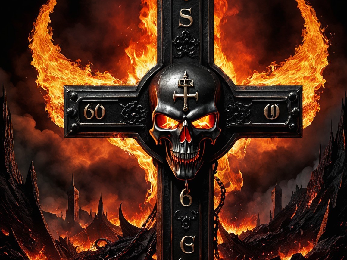 Black Cross with Skull and Flames in Dark Landscape
