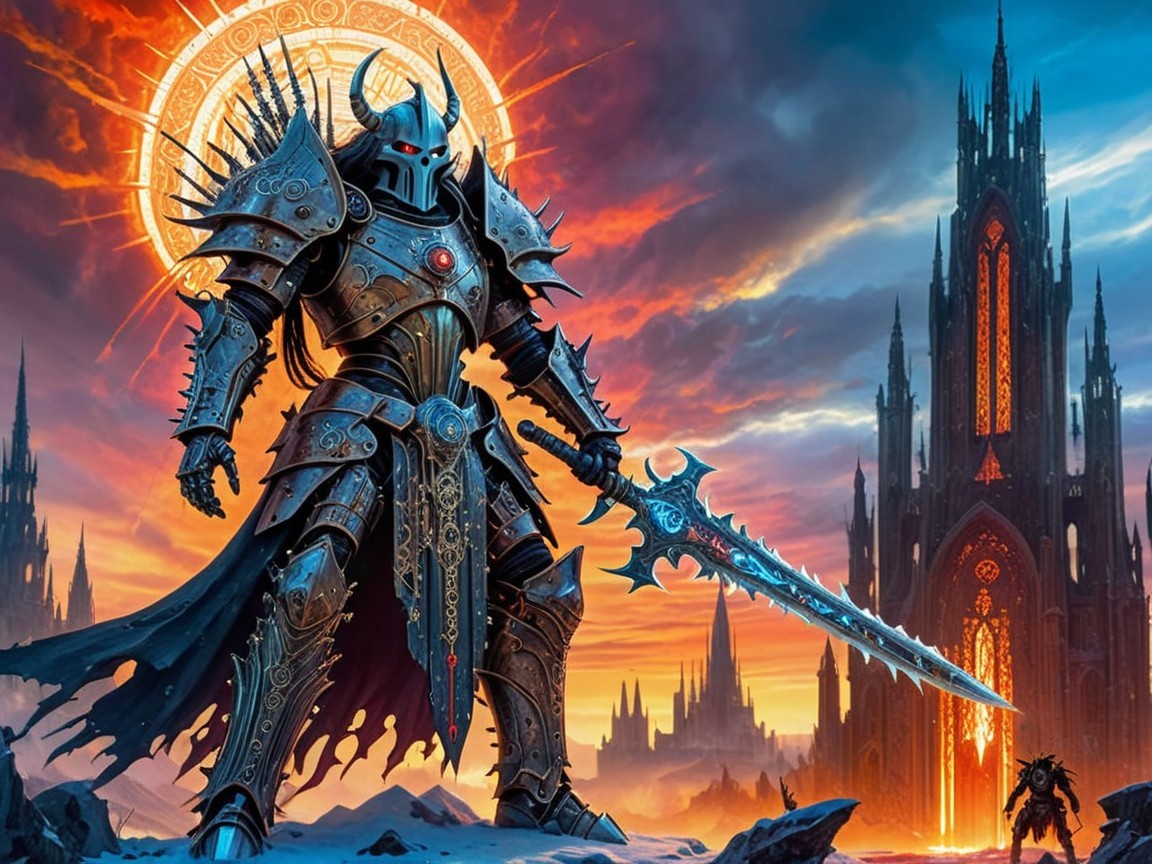 Knight in Dark Armor with Glowing Sword at Sunset