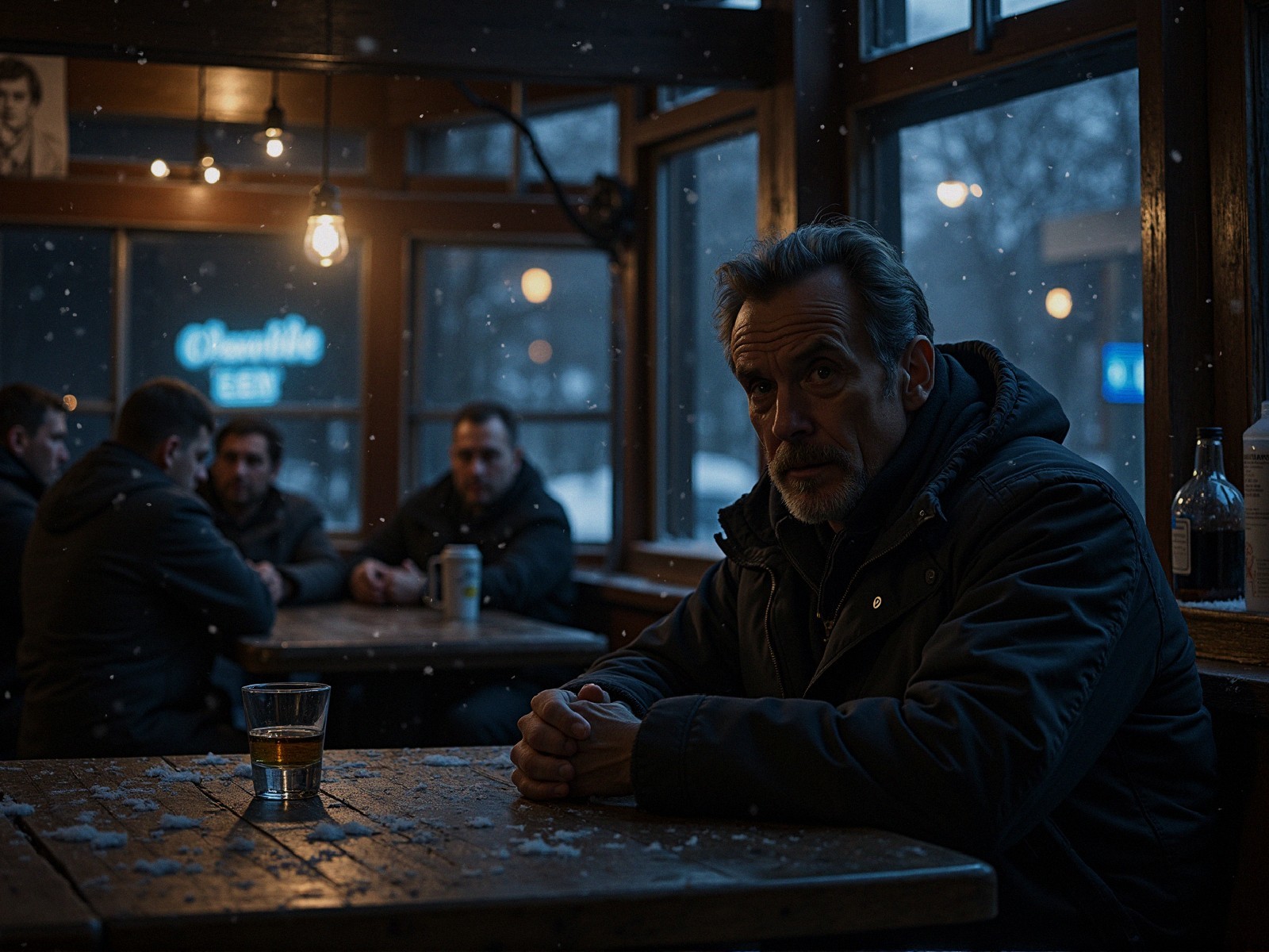 Weathered Man in Rustic Bar with Whiskey and Snowflakes
