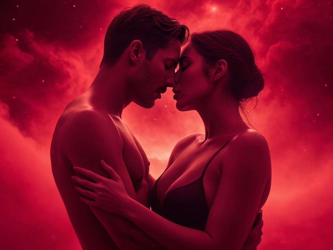 Couple Embracing Against Red Cosmic Clouds