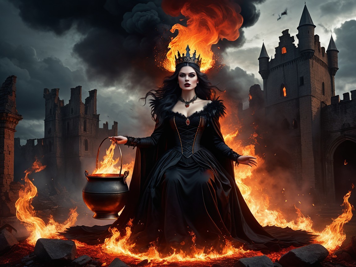 Dark Sorceress in Flames with Ominous Castle Backdrop
