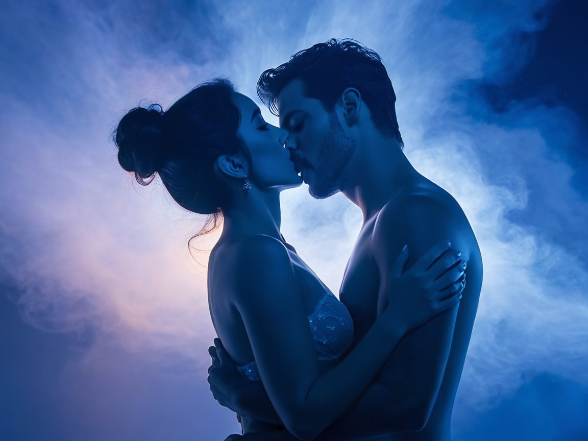 Couple Embracing in Romantic Smoke Atmosphere