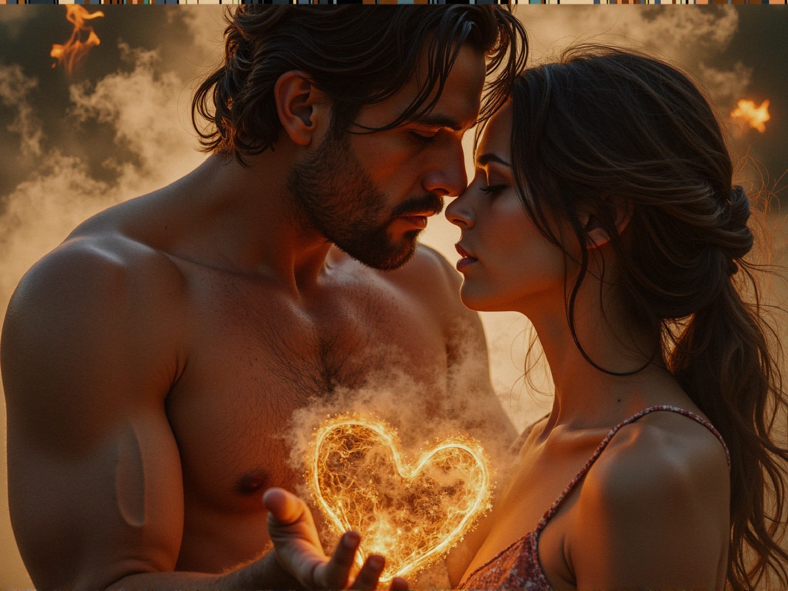 Intense Gaze Between Two Figures with Fiery Heart