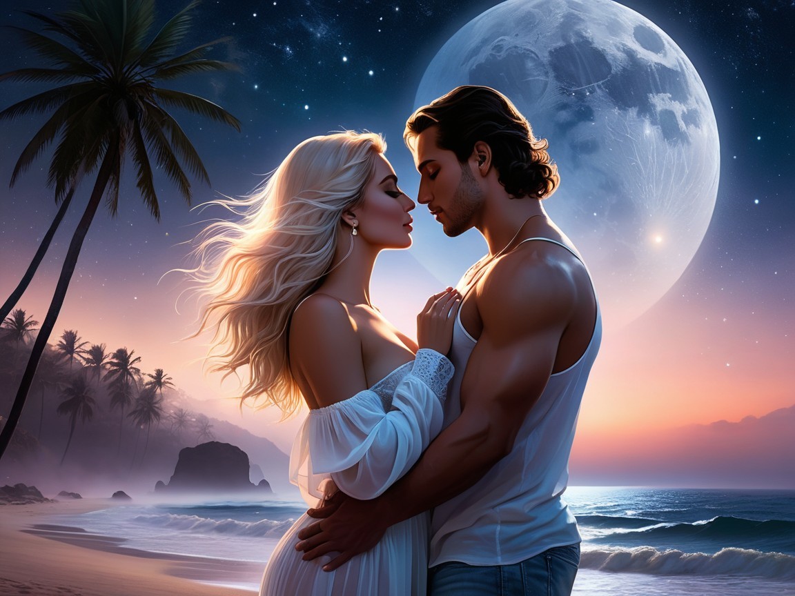 Romantic Beach Scene Under a Glowing Moon