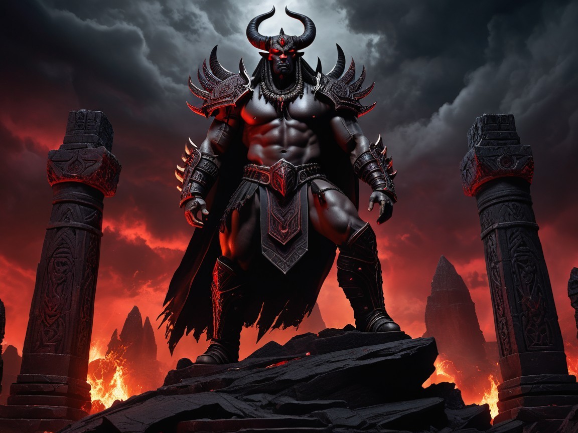 Warrior in Spiked Armor on Rocky Outcrop with Stormy Sky