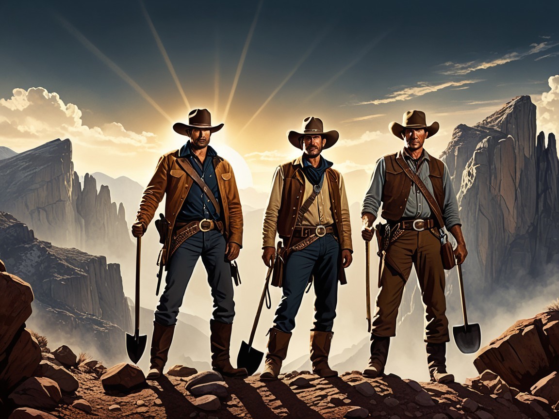 Cowboys with Shovels in Mountainous Sunrise Landscape