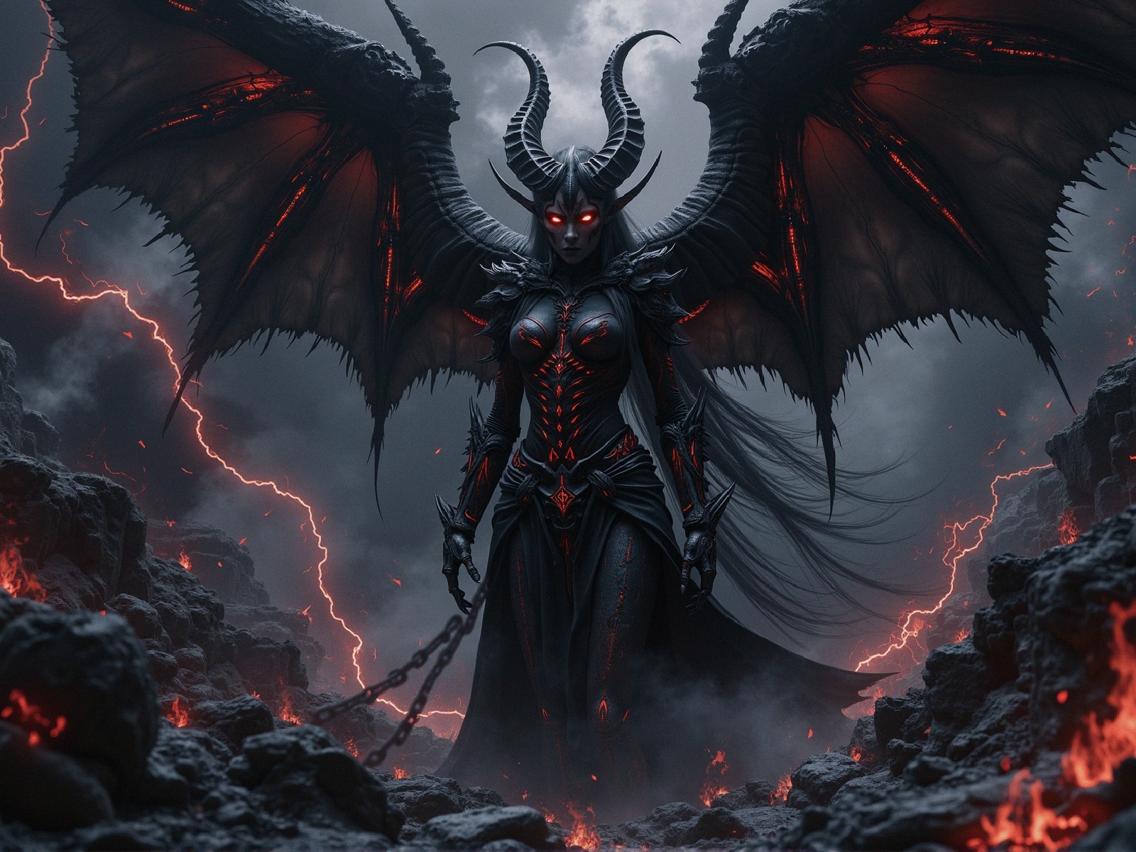 Dark Figure with Wings in Ominous Landscape