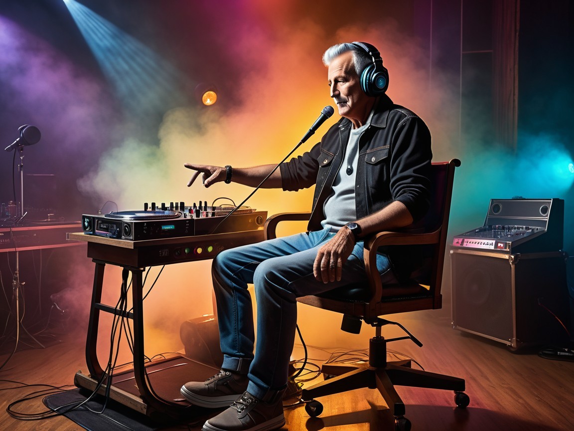DJ at Control Desk with Colorful Lighting and Equipment