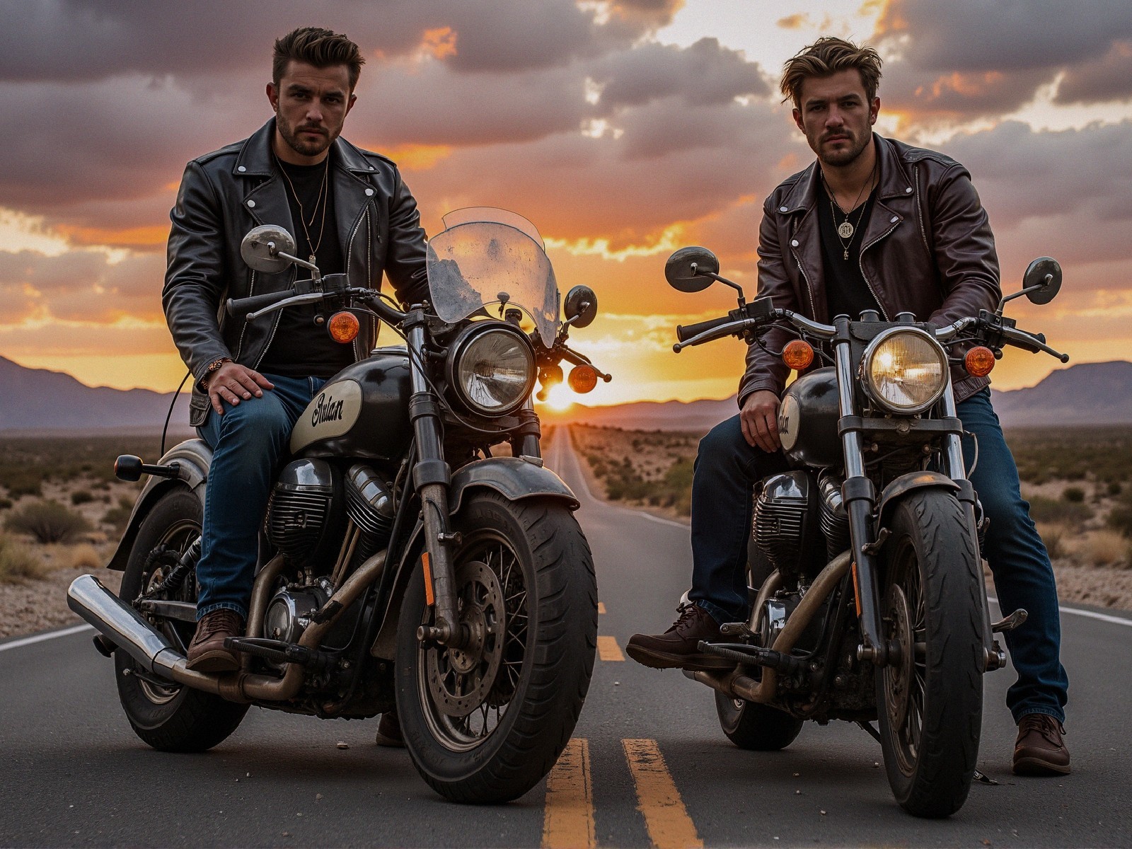Young Men on Motorcycles at Sunset on Deserted Road