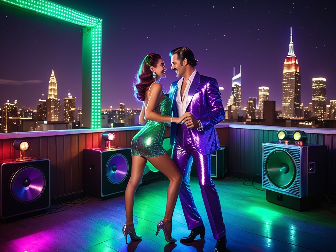 Couple Dancing on Rooftop with City Skyline at Night