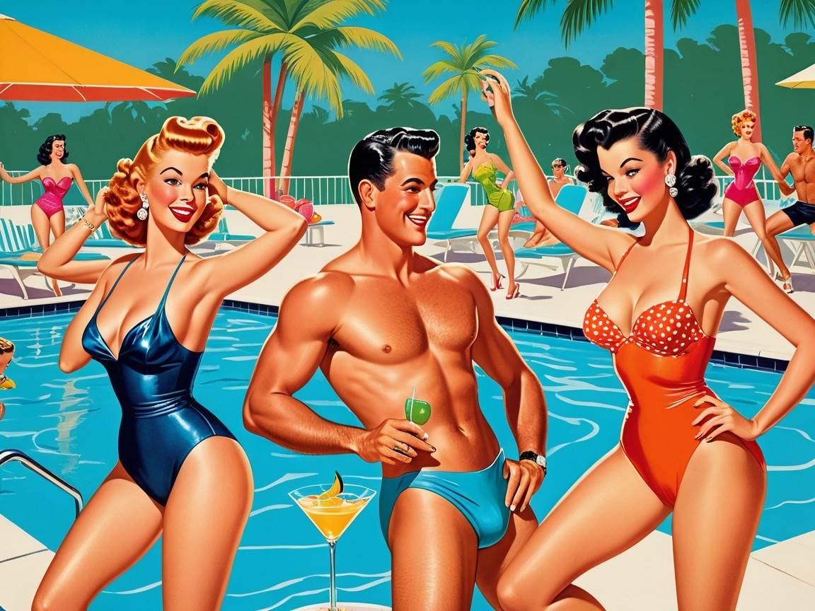 1950s Retro Pool Party Scene with Colorful Swimsuits