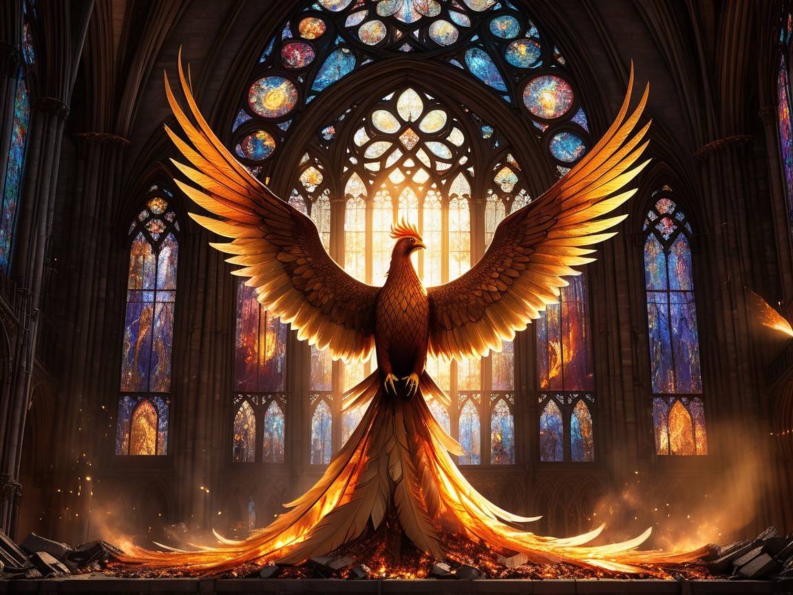 Phoenix in Grand Cathedral with Stained Glass Windows
