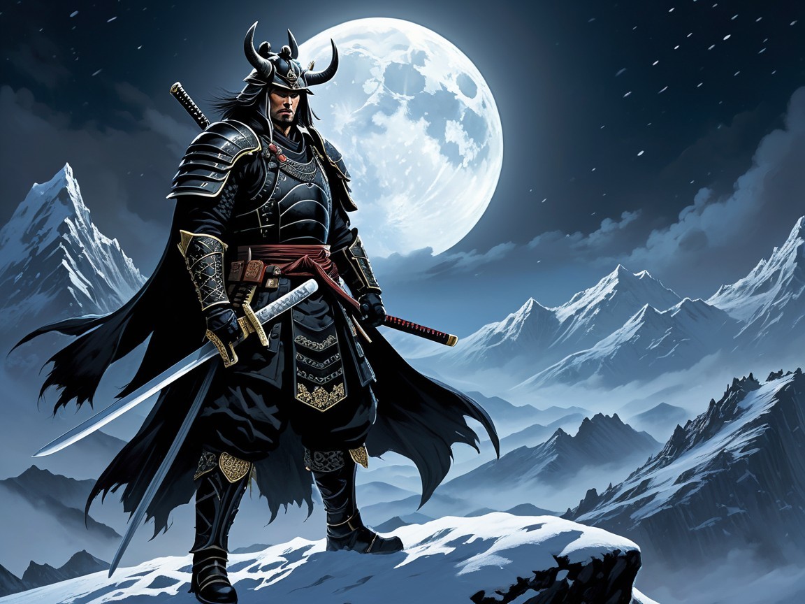 Samurai in Black Armor on Snowy Mountain Peak