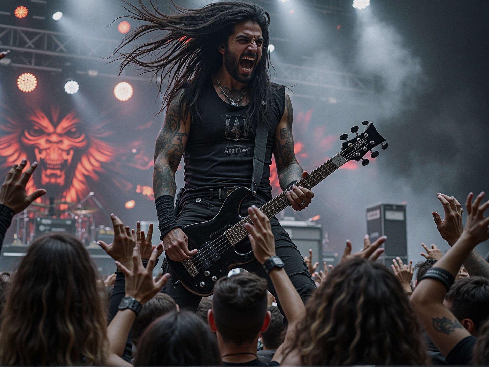 Musician with Electric Bass Guitar on Stage Performance