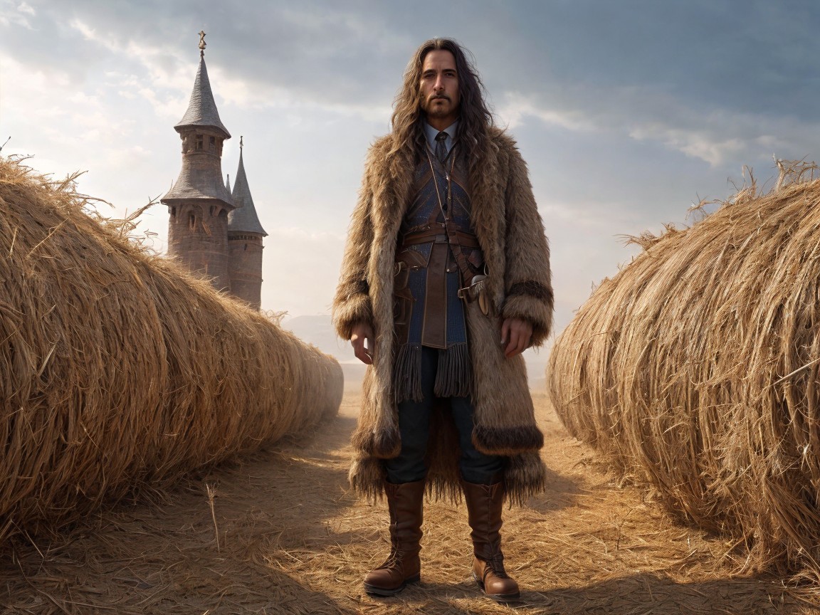 Figure in a golden field with hay bales and castle