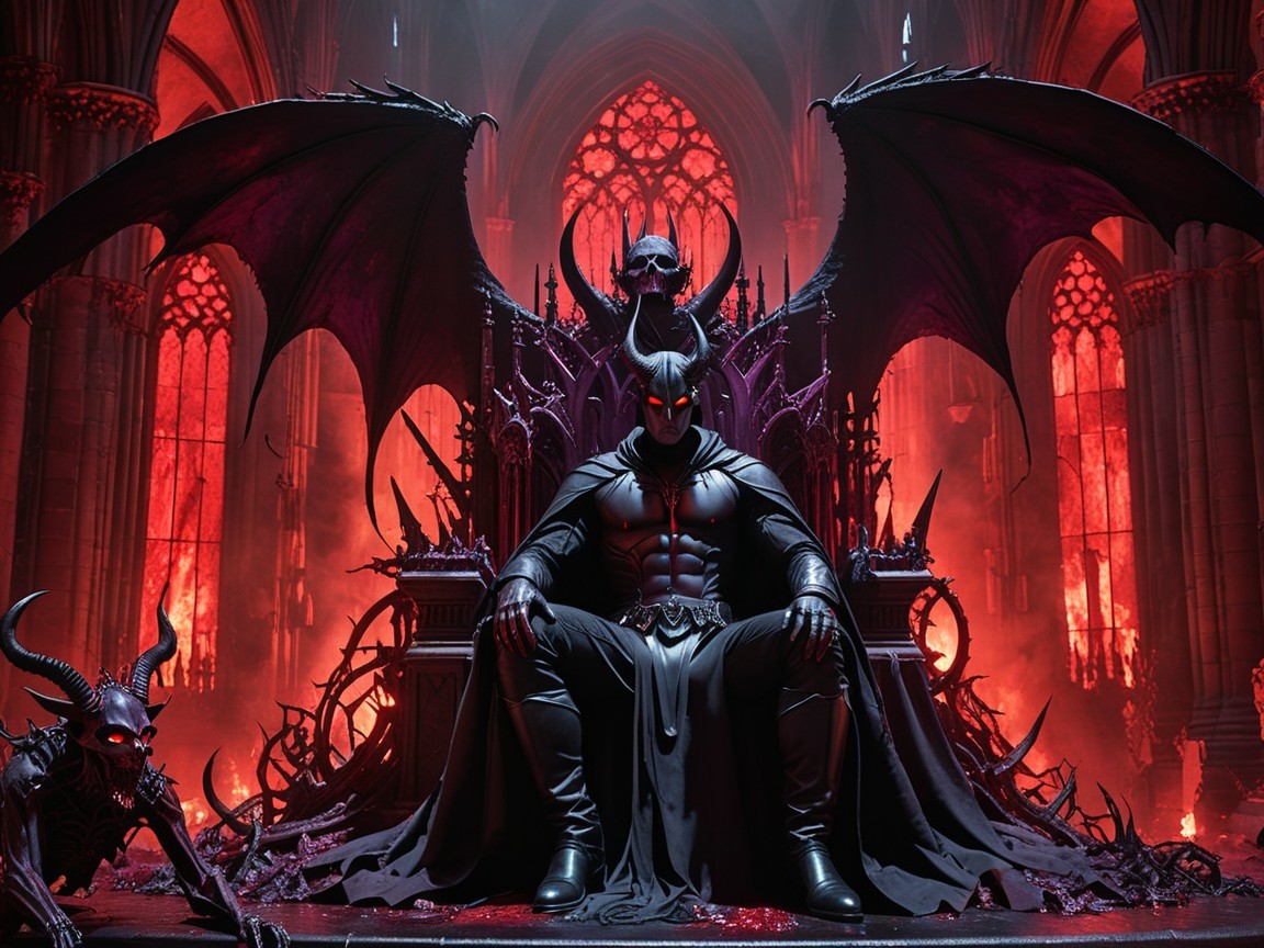 Gothic Throne with Dark Figure and Sinister Atmosphere