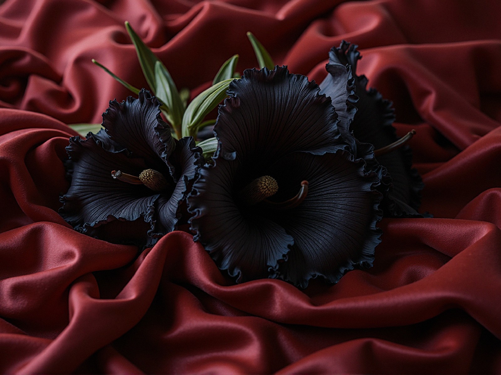 Black Flowers on Red Satin Fabric with Green Leaves