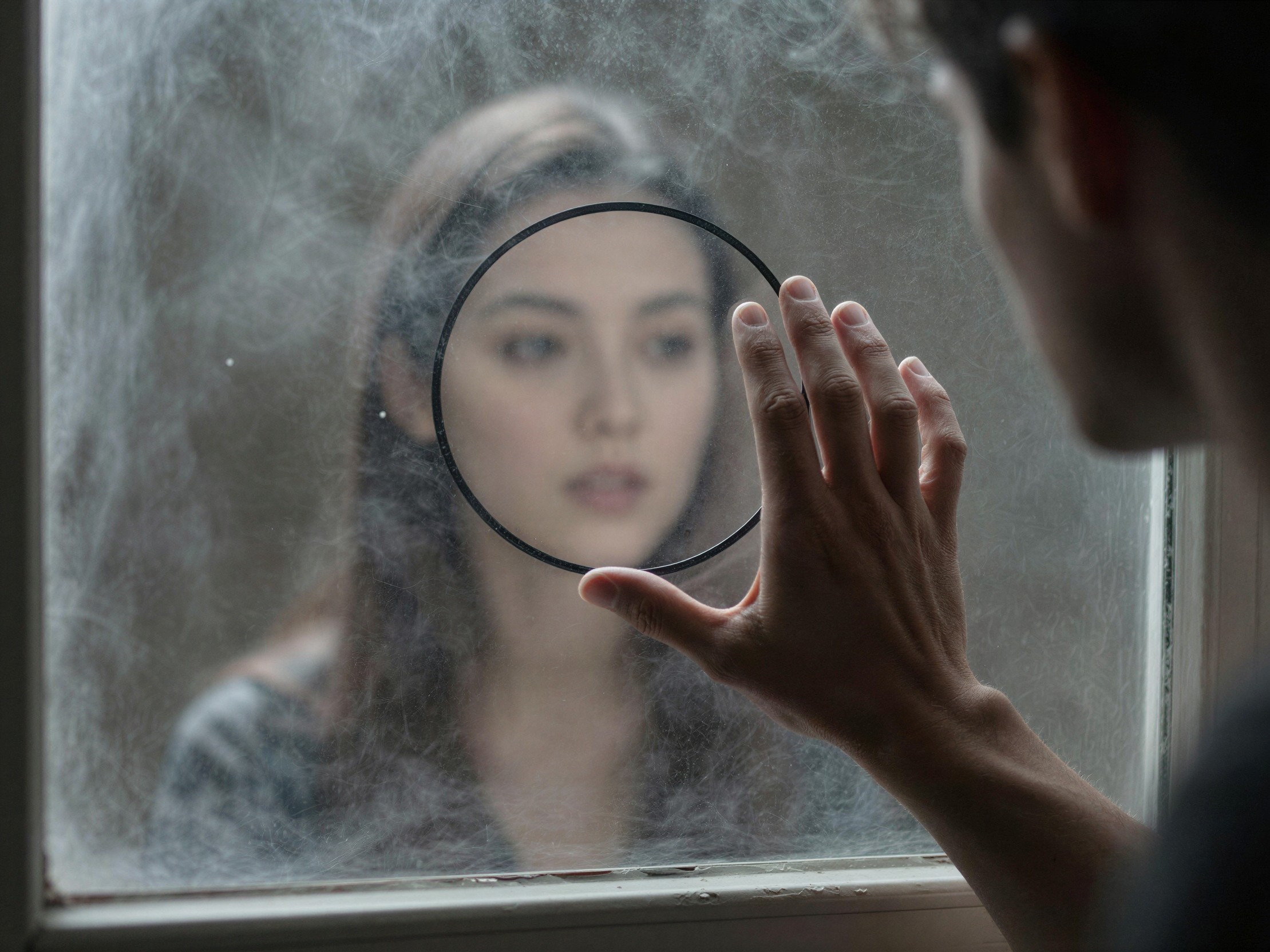 Man Observing Through a Dusty Windowpane