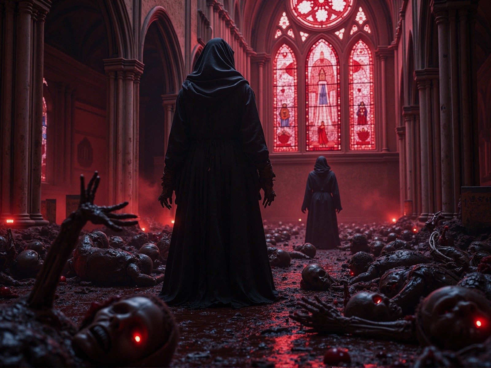 Dark Cathedral with Cloaked Figures and Grotesque Scene