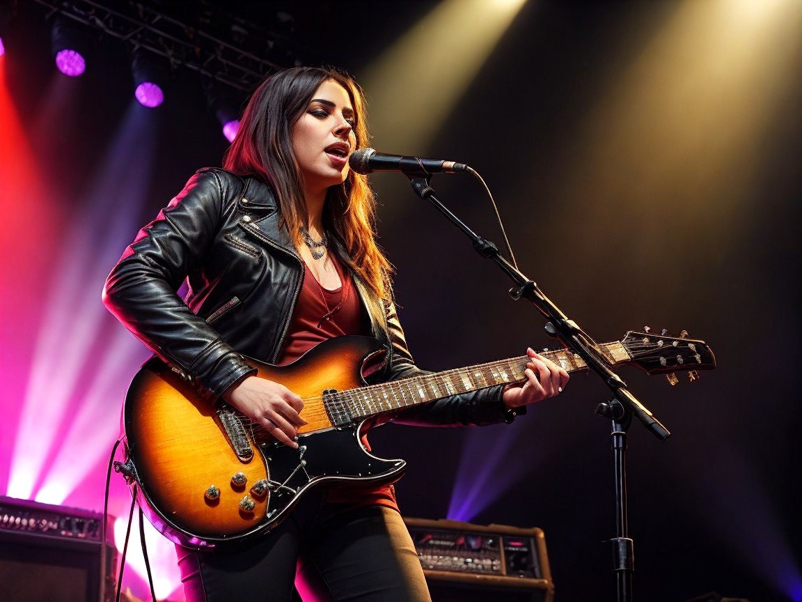 Female Musician Performing with Electric Guitar on Stage