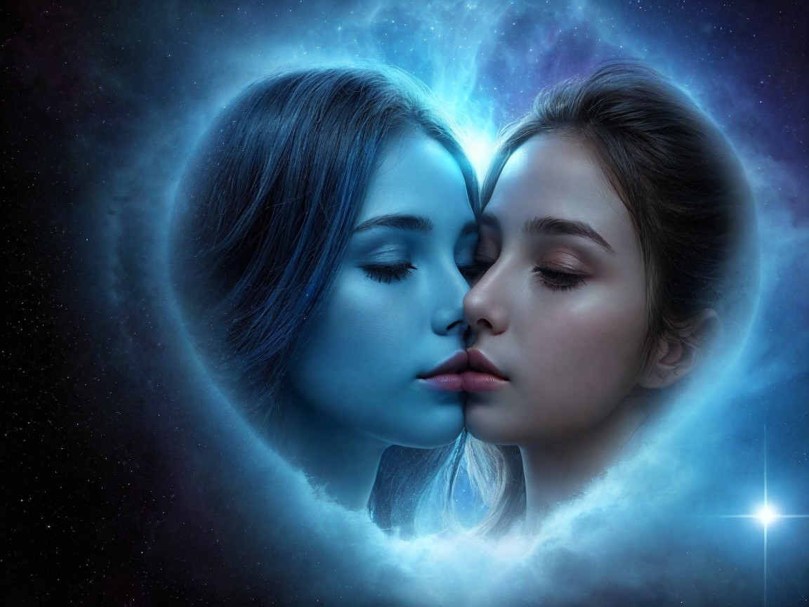 Ethereal Figures Kissing in a Cosmic Backdrop