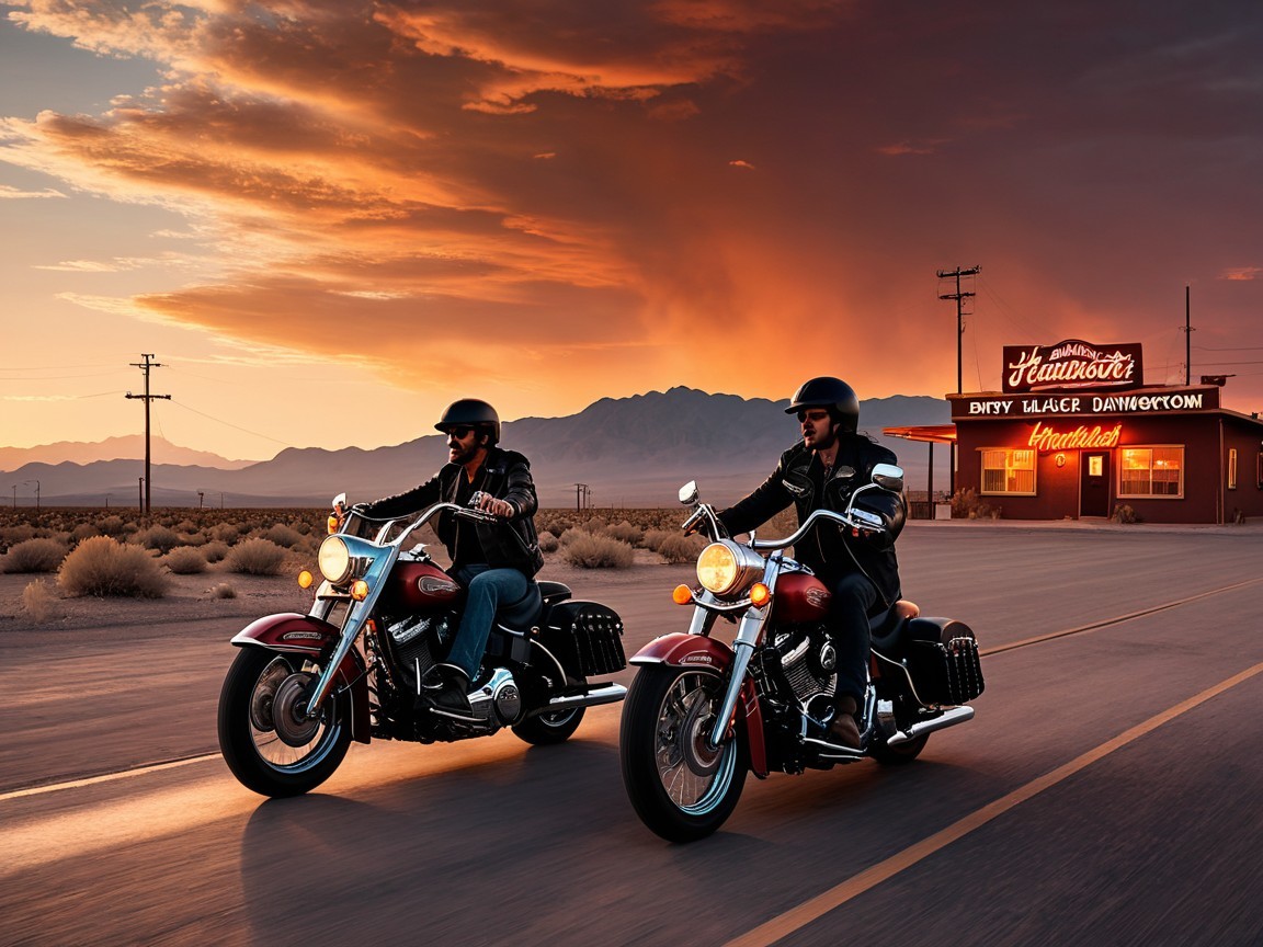 Motorcyclists on Desert Road at Sunset with Diner