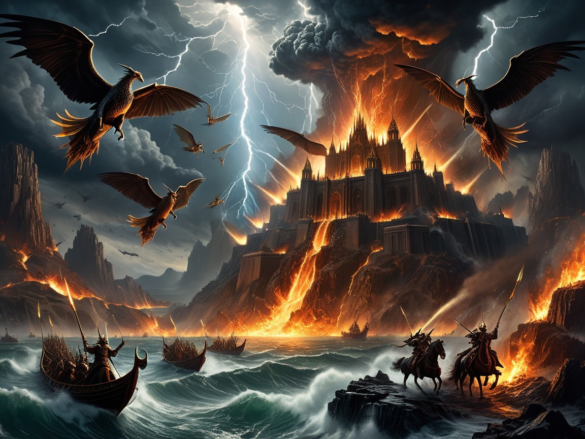 Dramatic Volcanic Landscape with Castle and Creatures
