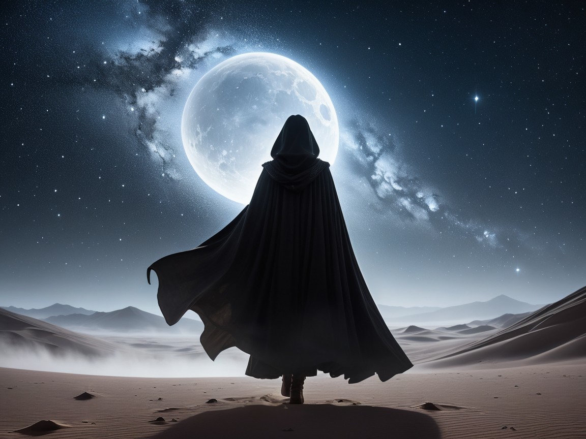 Cloaked Figure in Desert Under Full Moon and Stars