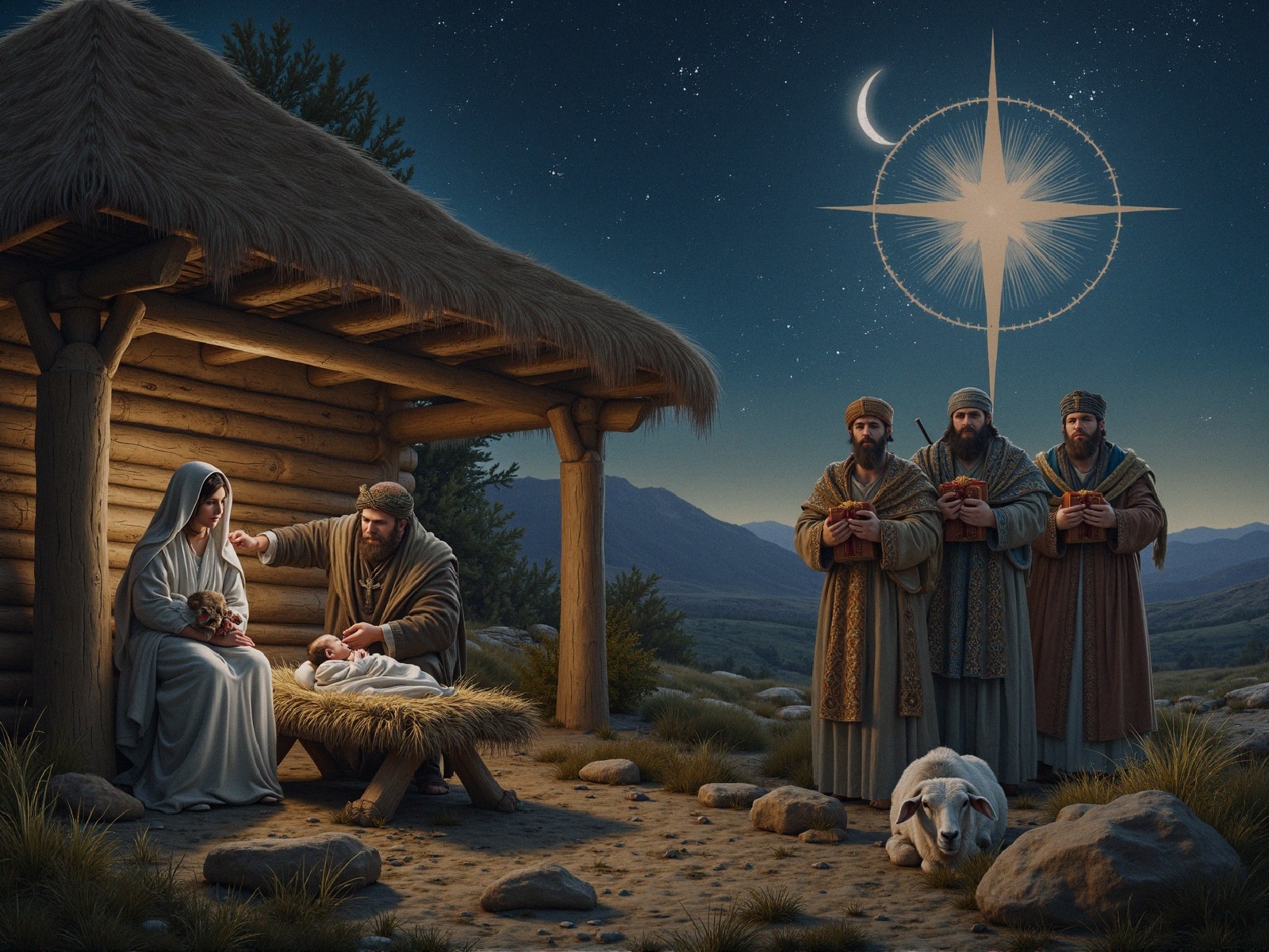 Nativity Scene Under Starry Night Sky and Manger