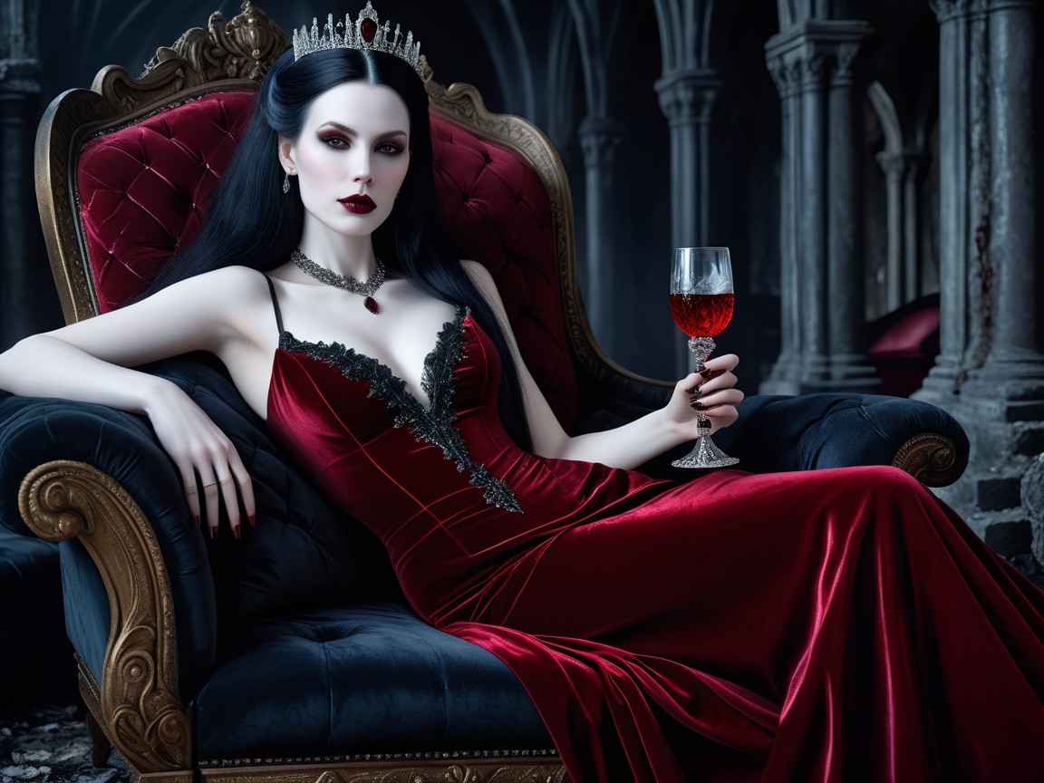 Elegant figure in dark setting with red velvet gown